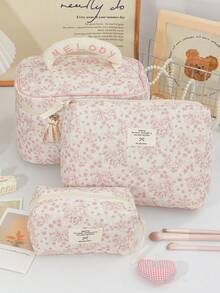 Pink Flower Pattern Cosmetics Storage Bag Soft Corduroy Makeup Bag Set Foam Quilted Home Items Storage Bag Large Capacity Travel Cosmetics Bag Set Retro Floral Print Makeup Handbag Portable Handheld Toiletry Bag Vintage Style Skincare Storage Bag Practical Makeup Brushes Organizer Bag - Pink - View 2