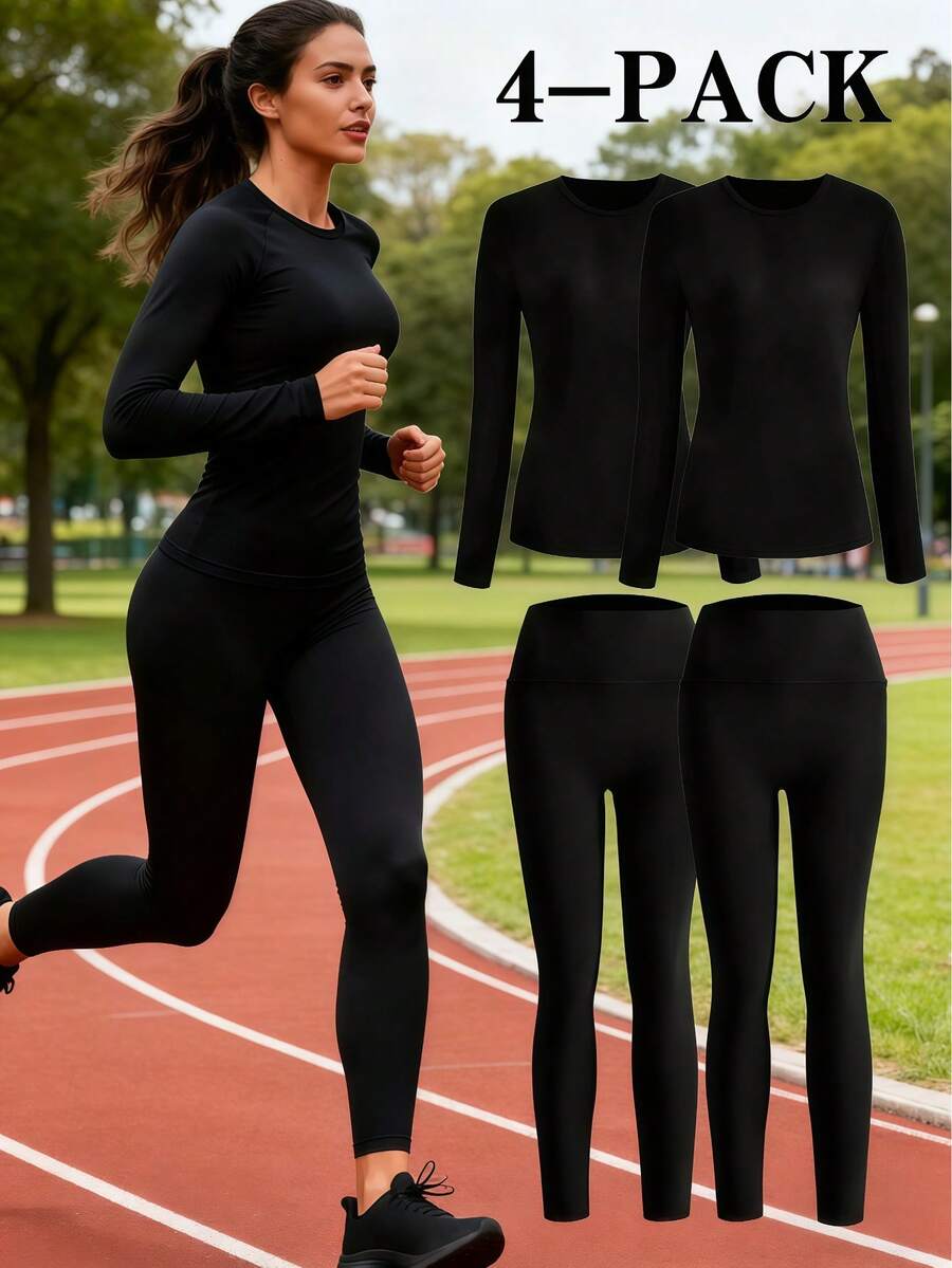 OKP 4pcs Casual Womens,Fall Clothes For Women,Conjunto Deportivo Mujer,Jogger Sets For Women,Suitable For Daily Wear, Can Be Used As The Inner Layer Clothing For Sports, Training, And Cycling,Halloween Costumes Women - 黑色*2 - 查看 1
