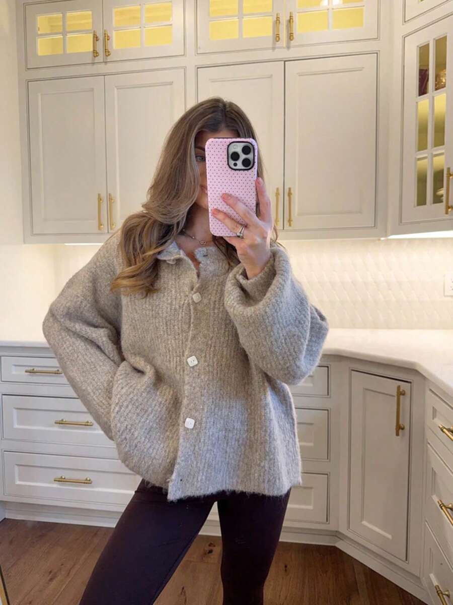 Womens Cardigans Long Sleeve Open Front Knitted Cardigan Button Round Neck Sweater Lightweight Solid Color Jumper - Khaki - View 1