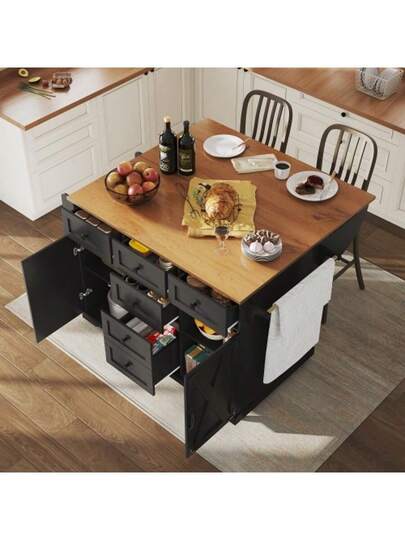 High Quality Kitchen Isl Multifunctional Serving Cart Wood Grain Large Storage Space, Mobile Buffet Cabinet, Dining Room, Living Kitchen, Zwart