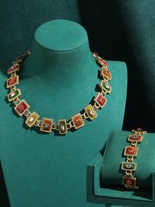 Conjunto de joyería vintage con acabado envejecido de collar y pulsera de cobre chapado en oro de 18K con diseño geométrico cuadrado de esmalte en relieve, accesorios para bodas