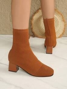 2025 Autumn/Winter New Square Toe Mid-Calf Brown High Heel Chunky Heel Elastic Boots For Women