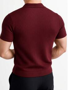 Men's Ribbed Cotton Polo Shirt With V-Neck – Sophisticated Style And Perfect Fit - Burgundy - View 2