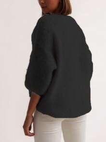 女士宽松休闲V领纯色细绒针织毛衣，秋冬 - 黑色 - 查看 2