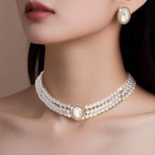 3pcs/5pcs Vintage Palace Style Earrings & Necklace Set, Faux Pearl Choker Necklace, Bridal Collar Necklace - Gold - View 3