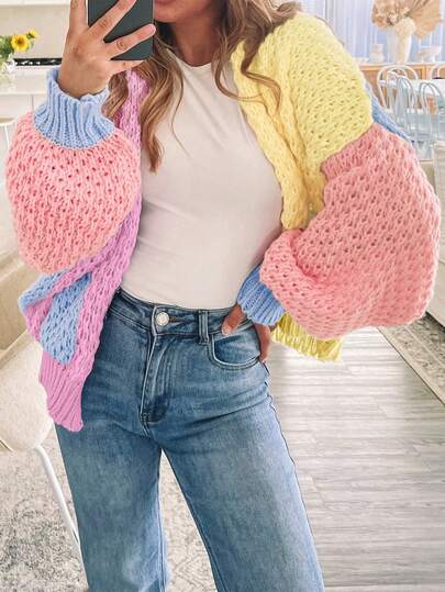 Damski sweter kardigan z tęczą dopaminową, luźny, swobodny sweter, na wakacje jesień/zima