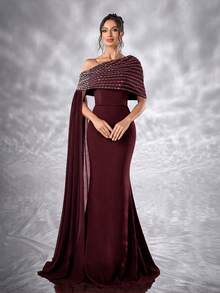 YISIKADO Women Elegant Ball Gown Rhinestone One Shoulder Shawl Sleeveless Formal Evening Dress Mermaid Fishtail Hem Prom Party Dress Elegant Wedding Guest Prom Party Banquet Dinner Graduation Adult Ceremony Celebration Concert Red Carpet Ceremonial Dress - 酒紅色 - 查看 8