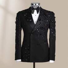 Traje De Hombre Elegante Beaded Luxury Men's Stage Performance Suit Heavy-Duty Craftsmanship For Niche Concerts Slim-Fit Suit Set - 黑色藍鑽外套+西裝褲 - 查看 5