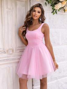 Joyfunear Women's Romantic Mesh Patchwork Backless Dress Pink Party Summer - Pink - View 3