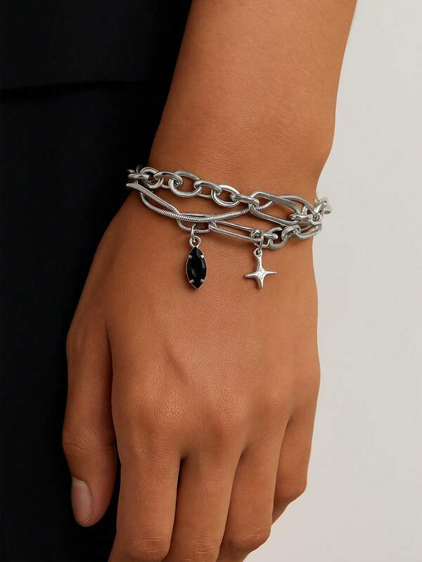 Men's Black Onyx Star Bracelet, Multi-Layer Titanium Steel Wrap Bangle, Minimalist Stylish Wrist Accessory