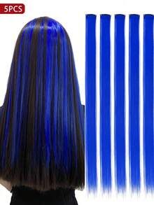 5 片彩色夹式接发，20 英寸长直发，夹式合成假发，万圣节角色扮演装扮时尚派对圣诞节音乐节狂欢节新年礼物，女士（蓝色） - 藍色 - 查看 11