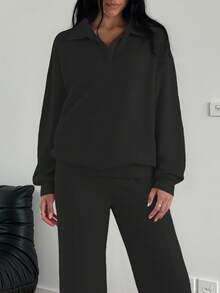 Plus Size Women 2 Pieces Outfit, Casual Sweatshirt And Wide Leg Pants Set, Pink, Suitable For Autumn/Winter, School, Outings Black - Black - View 4