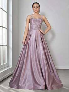 NIKBK Purple Halter-Neck Pearl And Rhinestone Gown, Satin Fitted Maxi Skirt, Formal Evening Party Dress - Dusty Pink - View 6