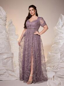 新款Ampoket V领长袖刺绣蕾丝开衩晚礼服，适合舞会、婚礼、派对、婚礼宾客等场合，也可作为晚礼服（非定位款），适合情人节春季穿着。 - 藕粉色 - 查看 1