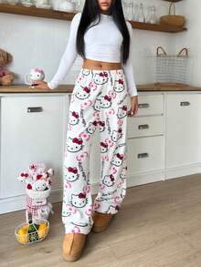 SANRIO Bộ 2 quần pajama vải flannel, in hình hoạt hình toàn thân, ống rộng, cạp chun co giãn, ấm áp, kiểu dáng dễ thương cho bé gái, phù hợp mặc trong nhà và ngoài trời, mùa thu/đông. - Nhiều màu - Xem 7