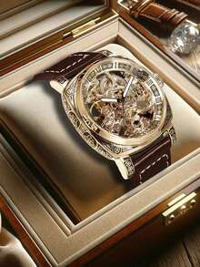 1pc Men's Business Style Black Zinc Alloy Skeleton Automatic Self-Winding Tourbillon Hollowed Mechanical Wristwatch With Night Light