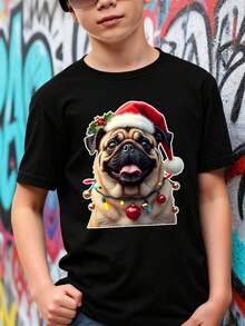Playeras de niño Pug con sombrero de Santa y luces camisas para niño tops para adolescentes Camiseta de Halloween para niñas Regalos navideños Camisetas navideñas Camisetas de niña Camisetas para niños y niñas La tela es suave, transpirable y cómoda, hecha de puro algodón. - Negro - Ver 1