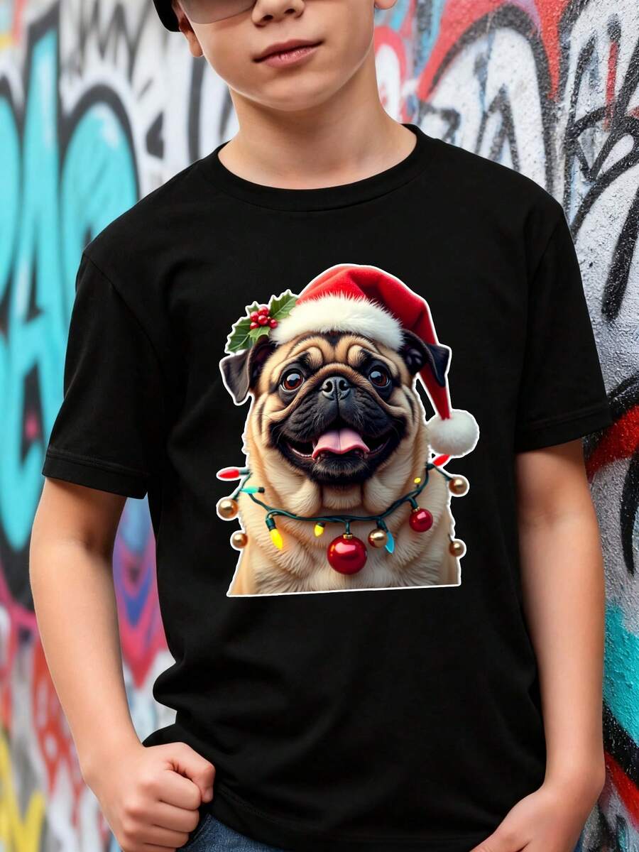 Playeras de niño Pug con sombrero de Santa y luces camisas para niño tops para adolescentes Camiseta de Halloween para niñas Regalos navideños Camisetas navideñas Camisetas de niña Camisetas para niños y niñas La tela es suave, transpirable y cómoda, hecha de puro algodón. - Negro - Ver 1