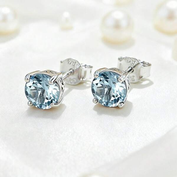 Pendientes de botón de aguamarina natural redonda de plata esterlina 925, azul gélido y fresco, con un elegante engaste que muestra un brillo resplandeciente, adecuado para uso diario, citas, reuniones, fiestas y otras ocasiones
