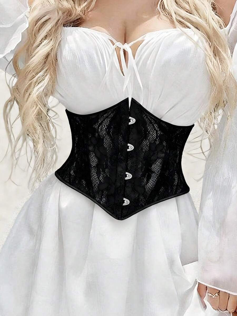 Luna Slim Women's New Vintage Lace Jacquard Back Tie Corset Waist Cincher, Y2K Retro Brown Ring Eyelet Waist Belt Bustier, Bodycon Waist Trainer, Elegant Sexy, Suitable For Music Festivals, Parties, Vacations, Dates, Casual, Nightclubs, Thanksgiving, Valentine's Day, New Year Outfits, Paired With Mini Skirts - Black - View 1