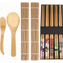 寿司制作套件 - 9 件入门套装：寿司卷垫、竹垫、踏垫、训练筷子、饭勺、米饭摊。 - 彩色 - 查看 1