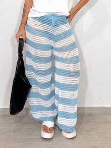 Striped Knit Pantaloons Beach Cover-Up Pants With Ties, Summer Fashion - 藍色 - 查看 3