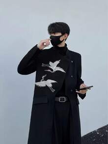 New Chinese Style, Crane, Embroidery, Woolen Fabric, Diagonal Collar, Hidden Button, Silhouette, Fashionable, Versatile, Casual, High-End, Handsome, Coat, Woolen Coat - màu đen - Xem 3