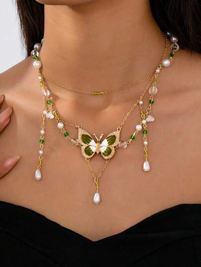 1pc Green Butterfly Chain & Crystal Faux Pearl Necklace Jewelry, Pixie Fairy Core, Punk Style, Beaded Choker, Perfect Gift For Her, Suitable For Daily Wear