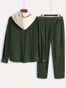 时尚灯芯绒面料简约时尚加大码男士两件套，连帽撞色纽扣开衫，带抽绳和斜插口袋，休闲学院风，适合日常穿着，春秋冬新款 - 軍綠色 - 查看 2