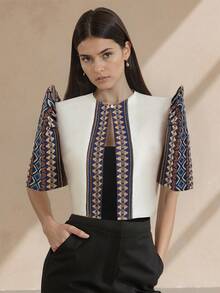 Amyenjoylife 现代菲律宾传统上衣，菲律宾传统蝴蝶袖上衣，女士优雅拼接泡泡袖开衫上衣（夏季款），女士菲律宾传统短款上衣，香槟色上衣 - 香檳色 - 查看 4