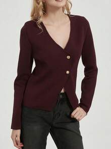 Áo len dài tay cổ chữ V tay dài Se-Helo dành cho nữ, kiểu dáng tối giản, thanh lịch, thích hợp cho công sở/học sinh, trang trí cúc kim loại, kiểu dáng ôm sát, đa năng, thích hợp cho mùa thu/đông. - Màu đỏ tím - Xem 4