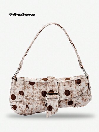 Coffee Polka Dot Distressed Effect Printed Women's Asymmetric Underarm Bag, Rivet Fashionable Shoulder Bag, Y2K Underarm Bag, Motorcycle Bag Suitable For Dating, Leisure, Fashion Party, Travel, School, Holiday Gift, Fashion New Product