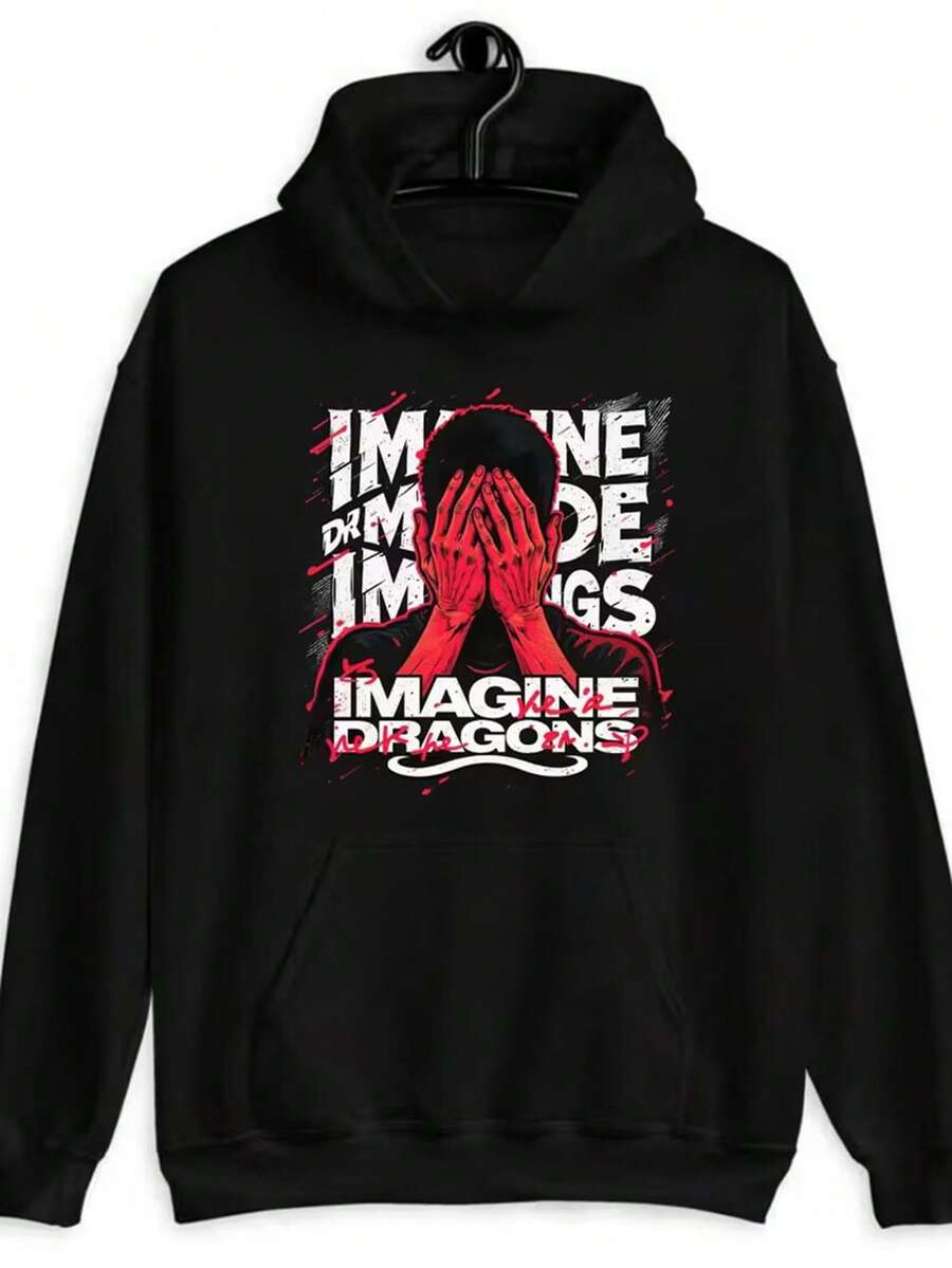 Imagine Dragons Official Merchandise Men's Hooded Sweatshirt - Distressed Band Logo & Emotional Face Graphic Print, Loose Fit Pullover With Pockets, Concert Merch For Fans, Casual Streetwear (Machine Washable) - Black With Red & White ID Logo - Long Sleeve Hoodie For Concerts & Daily Wear - Iconic Music Fan Apparel With Iconic Band Logo & Song Lyrics Design, Relaxed Fit For Fall/Winter Use,Fall Hoodies,Men's Fall Clothes,Street Wear,Halloween,Mens Hoodies,Y2k Clothes,Jesus Hoodie,Thanksgiving Day,Nightmare Before Christmas,Christmas - Black - View 1