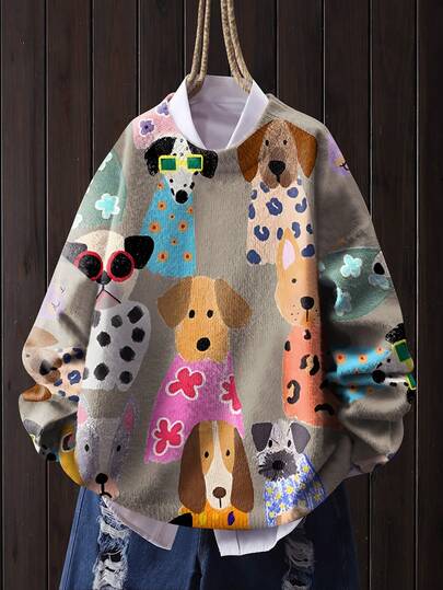 [Estampado total] [Ligero] [Suéter] Suéter ligero de punto de cuello redondo de manga larga con patrón de cachorros lindo y casual para mujer, otoño/invierno