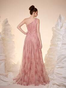 Mgiacy,New Arrival,Shoulder Slant, Printed Mesh, Pull TAB, Front And Bottom Split, Large Swing, High-End, Evening Dress,For,Dinner Parties - Pink - View 2