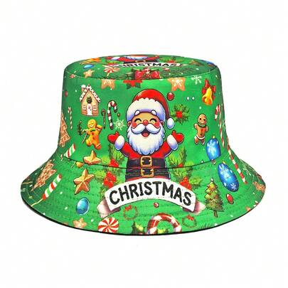 时尚圣诞印花双面渔夫帽，男女款防晒冬季配饰