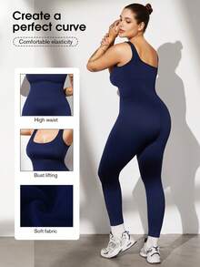 Plus Size Curve Woman Activewear Yoga Clothes Seamless Gym Sports High Support Moisture Wicking Workouts Breathable Outdoor Plus Size Curve Tummy Control High Elasticity Straps Gym Women Outfit Women's Seamless Yoga Bodysuit - Navy Blue - View 7