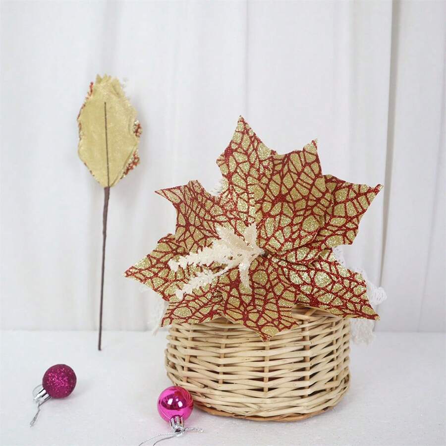 Christmas Artificial Flower, Shiny Colorful Tree Topper Stem Home Decor Party Favor - Gold - View 1