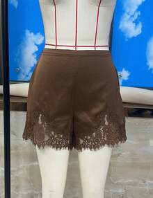 Women Pettipants  Shorts Lace Trim Satin Silk Bloomers Bottoms Elastic Waist Lace  Shorts - 棕色 - 查看 7