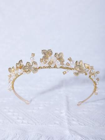 1pc Bride Headpiece Alloy Faux Pearl Leaf Shaped Headband, Elegant For Wedding, Banquet, Party And Other Occasions