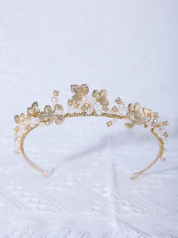 1pc Bride Headpiece Alloy Faux Pearl Leaf Shaped Headband, Elegant For Wedding, Banquet, Party And Other Occasions