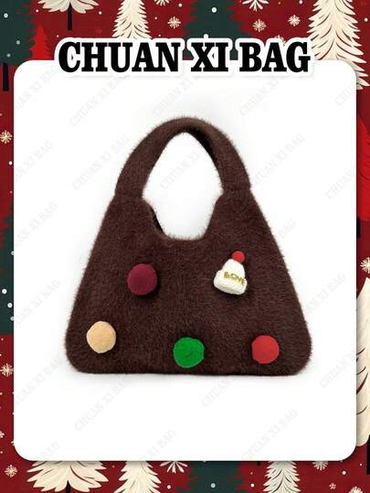 Uroczy, futrzany, dekoracyjny pompon, uniwersalna torebka, jesienno-zimowa, krótka, pluszowa mała torba typu tote z czapeczką świąteczną, wzór LOVE, odpowiednia do codziennego użytku lub na imprezę, z łatwością pomieści telefon, portfel, szminkę i inne niezbędne rzeczy, które zaspokoją Twoje potrzeby w podróży