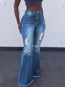 Mid-Rise Hip-Lifting Jeans For Women, With Flared Legs, Zipper Pockets, Sexy Curve-Hugging Flare Leggings, Unprocessed Fed Hem. - Rửa tối - Xem 2