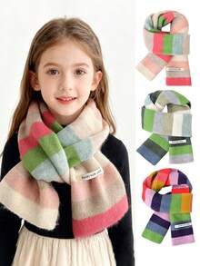 1pc Kids Rainbow Striped Patchwork Plush Knitted Scarf, Thick Winter Scarf In Macaron Colors, Warm & Versatile Cute Girls Scarf/Neck Warmer, Suitable For 9-16 Years Old, Outdoor, Party, Holiday, Back To School, Christmas, New Year Gift - Multicolor - View 1