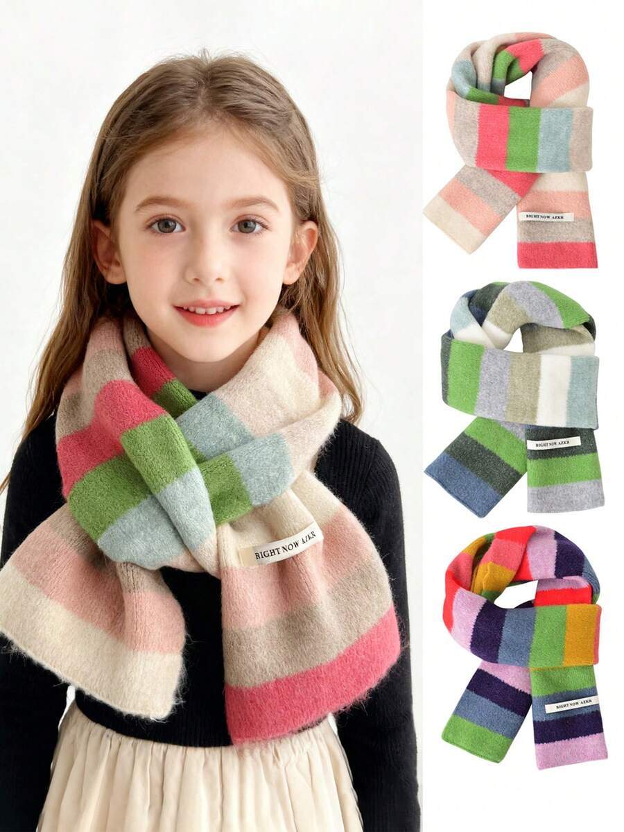 1pc Kids Rainbow Striped Patchwork Plush Knitted Scarf, Thick Winter Scarf In Macaron Colors, Warm & Versatile Cute Girls Scarf/Neck Warmer, Suitable For 9-16 Years Old, Outdoor, Party, Holiday, Back To School, Christmas, New Year Gift - Multicolor - View 1