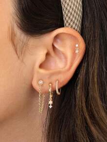 8pcs Simple Geometric Faux Pearl & Rhinestone Copper Chain Earrings, Suitable For Women's Vacation, Date, Gift, Daily Wear - Yellow Gold - View 4