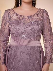 Mgiacy-Pop,,New Arrival,V-Neck, Embroidered Lace, Beaded Beads, Long Sleeves, Slit Starlight Satin Hem, Sequins, Evening Dress,FOR,Dinner Party - Dusty Pink - View 6