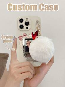 1pc Customizable White TPU Phone Case With Camera Frame Background Image, Shockproof + 1pc White Furry Ball Pendant Compatible With IPhone/Android///OPPO Phones, 17 Pro Max, A14, A54, A52, A31 4G, A23