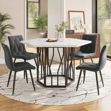Dining Table And Chair Set (5 Piece Set), Modern Hexagon Marble Dining Table + 4 Grey Velvet Dining Chairs To Create A Warm And Modern Restaurant - Black + Gray + MDF + Steel - View 1