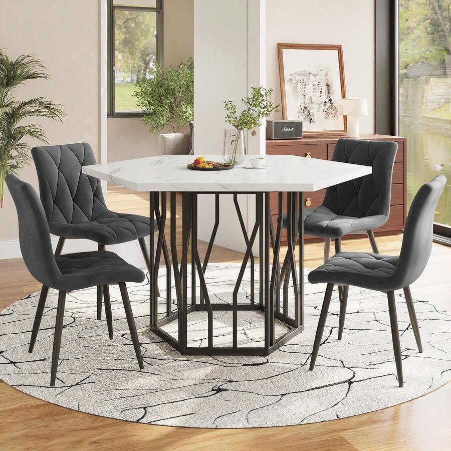 Dining Table And Chair Set (5 Piece Set), Modern Hexagon Marble Dining Table + 4 Grey Velvet Dining Chairs To Create A Warm And Modern Restaurant - Black + Gray + MDF + Steel - View 1